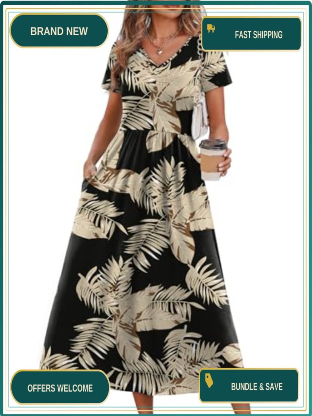 OFEEFAN Women's Flowy A-Line Midi Dress with Pockets, V-Neck Short Sleeve